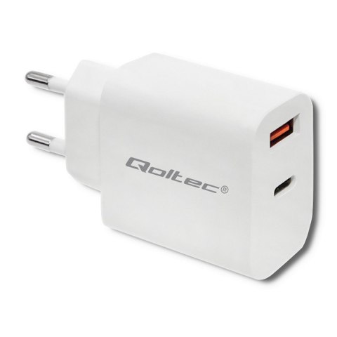 QOLTEC ŁADOWARKA SIECIOWA 18W | 5-12V | 1.5-3A | USB TYP C PD | USB QC 3.0 | BIAŁA